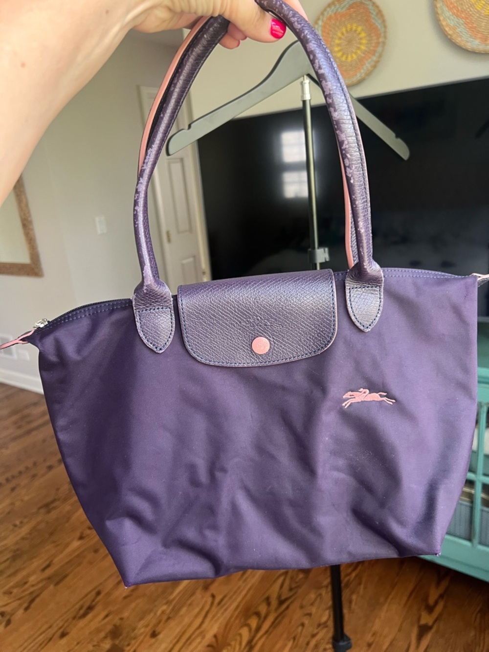 Longchamp Navy Purple Tote with Pink Trim